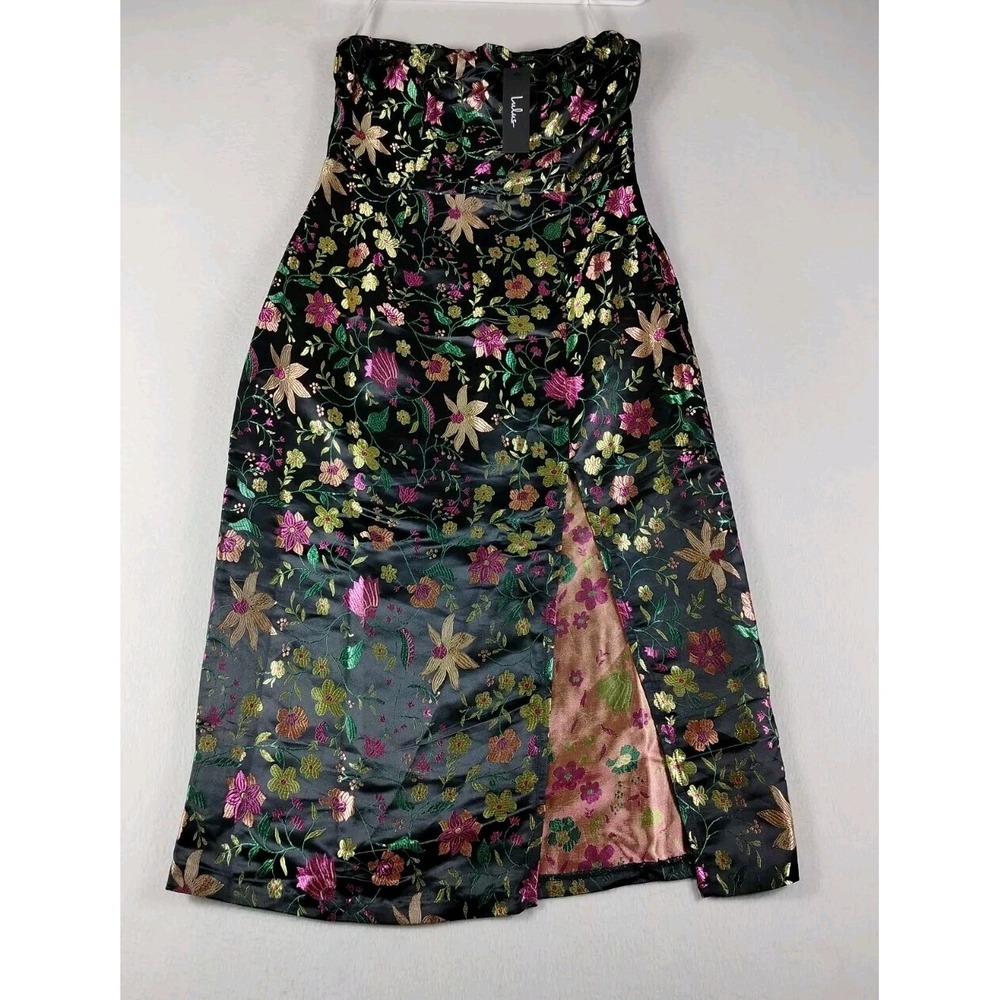 Lulus Midi Dress Women Medium Make a Move Black Satin Floral Jacquard Strapless - Picture 2 of 10